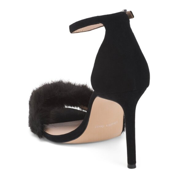CHARLES DAVID Black Suede Empoli Fur Heeled Sandals - Picture 2 of 2